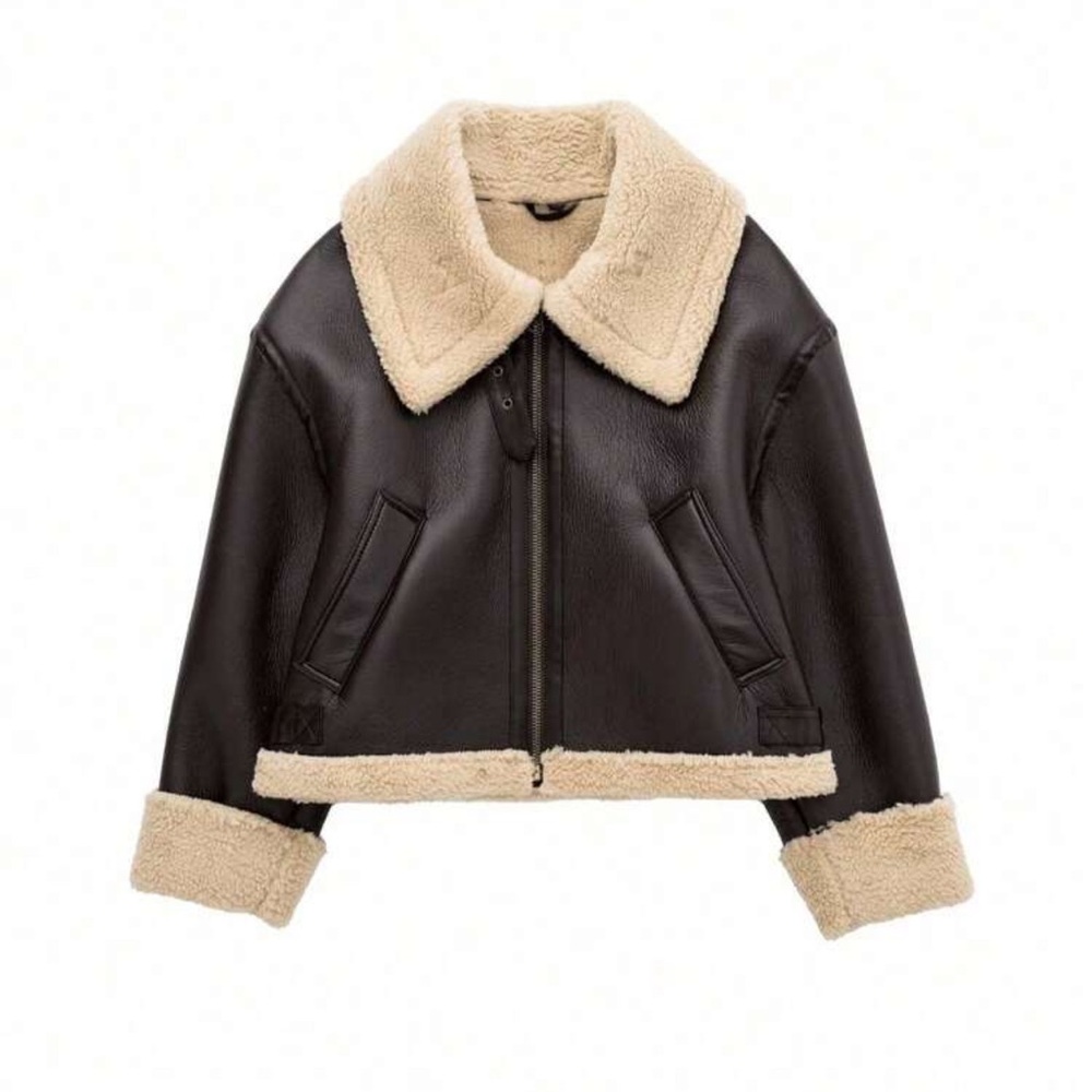 Vegan Leather Aviator Jacket Faux Shearling Trim Shearling Lined chocolate brown - Picture 8 of 12